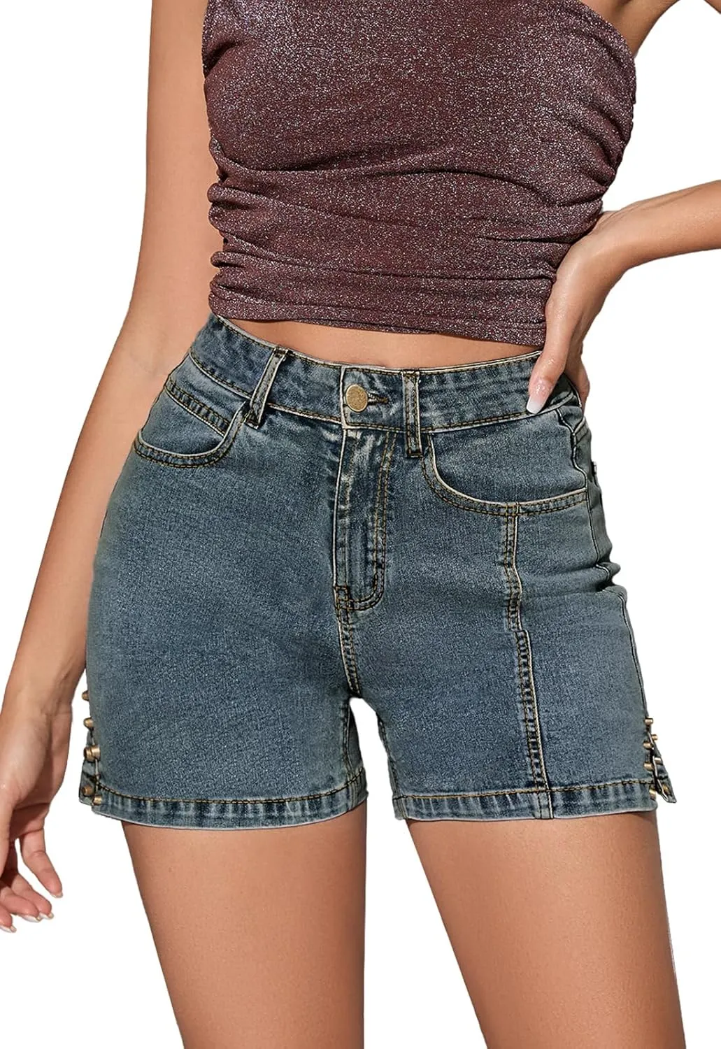 Casual Jean Shorts for Women Trendy Rivet High Waisted Stretchy Denim Shorts 2025 Summer Jeans Short