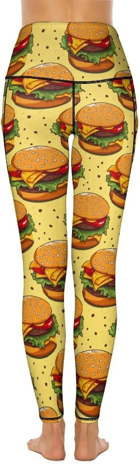 Cheese Hamburger Food Women's Yoga Pants Leggings with Pockets High Waist Compression Workout Pants
