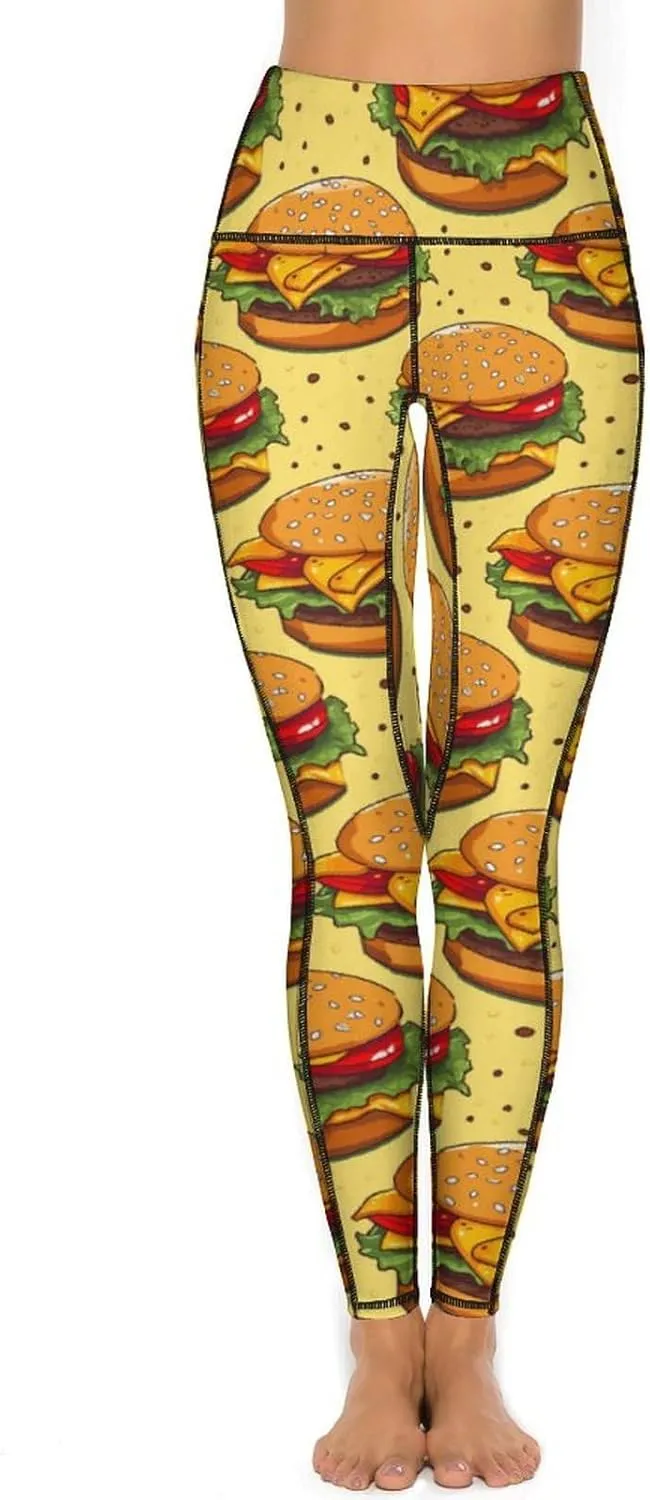 Cheese Hamburger Food Women's Yoga Pants Leggings with Pockets High Waist Compression Workout Pants