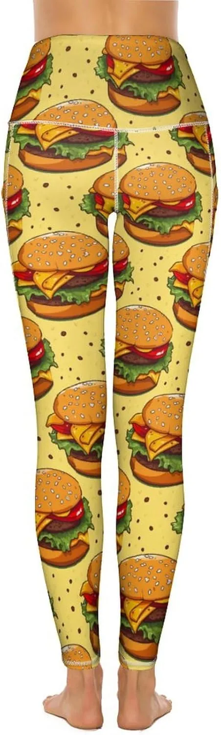 Cheese Hamburger Food Women's Yoga Pants Leggings with Pockets High Waist Compression Workout Pants