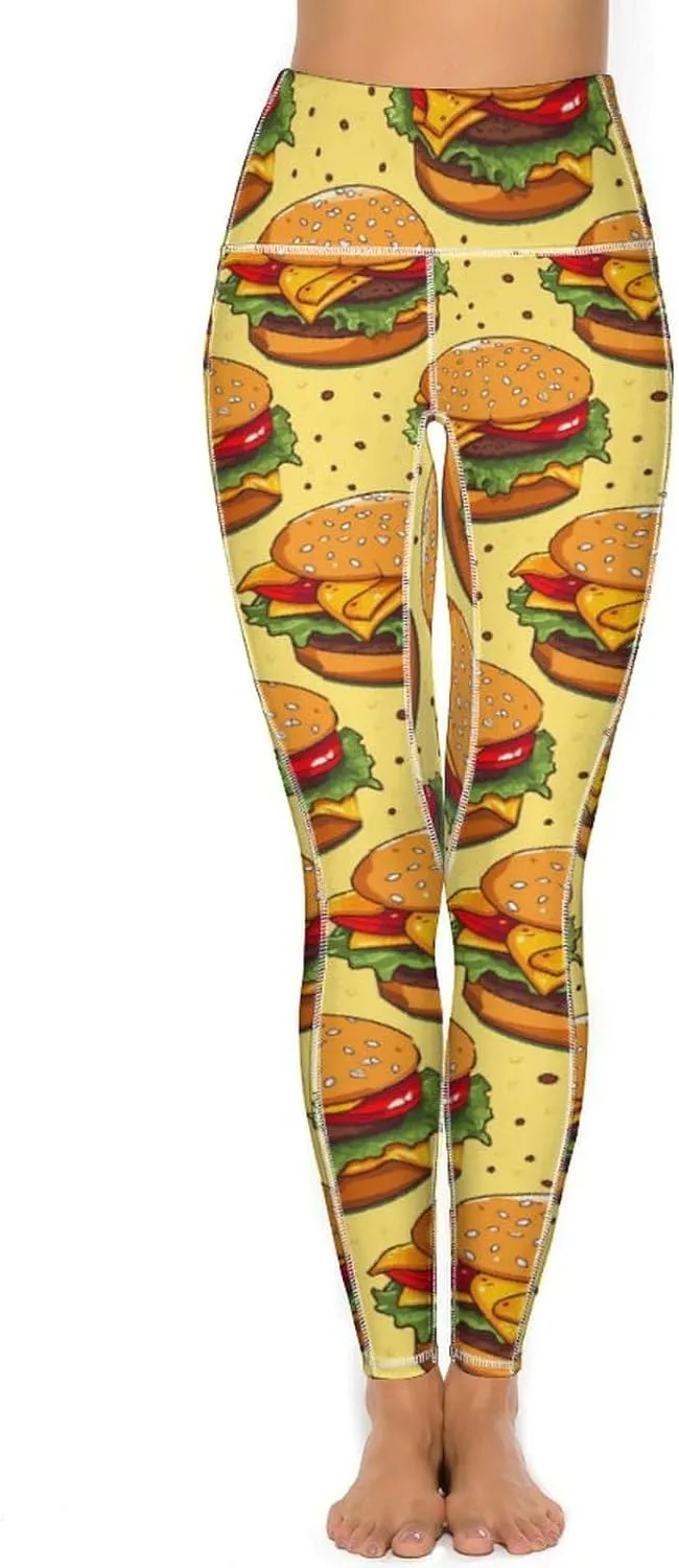 Cheese Hamburger Food Women's Yoga Pants Leggings with Pockets High Waist Compression Workout Pants
