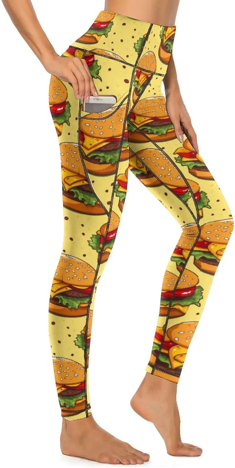 Cheese Hamburger Food Women's Yoga Pants Leggings with Pockets High Waist Compression Workout Pants