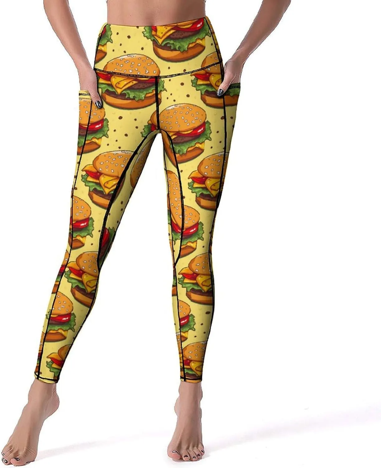 Cheese Hamburger Food Women's Yoga Pants Leggings with Pockets High Waist Compression Workout Pants