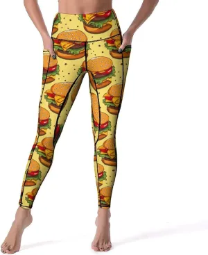 Cheese Hamburger Food Women's Yoga Pants Leggings with Pockets High Waist Compression Workout Pants