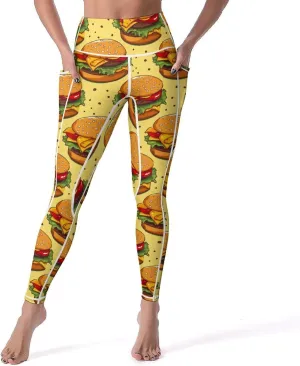 Cheese Hamburger Food Women's Yoga Pants Leggings with Pockets High Waist Compression Workout Pants