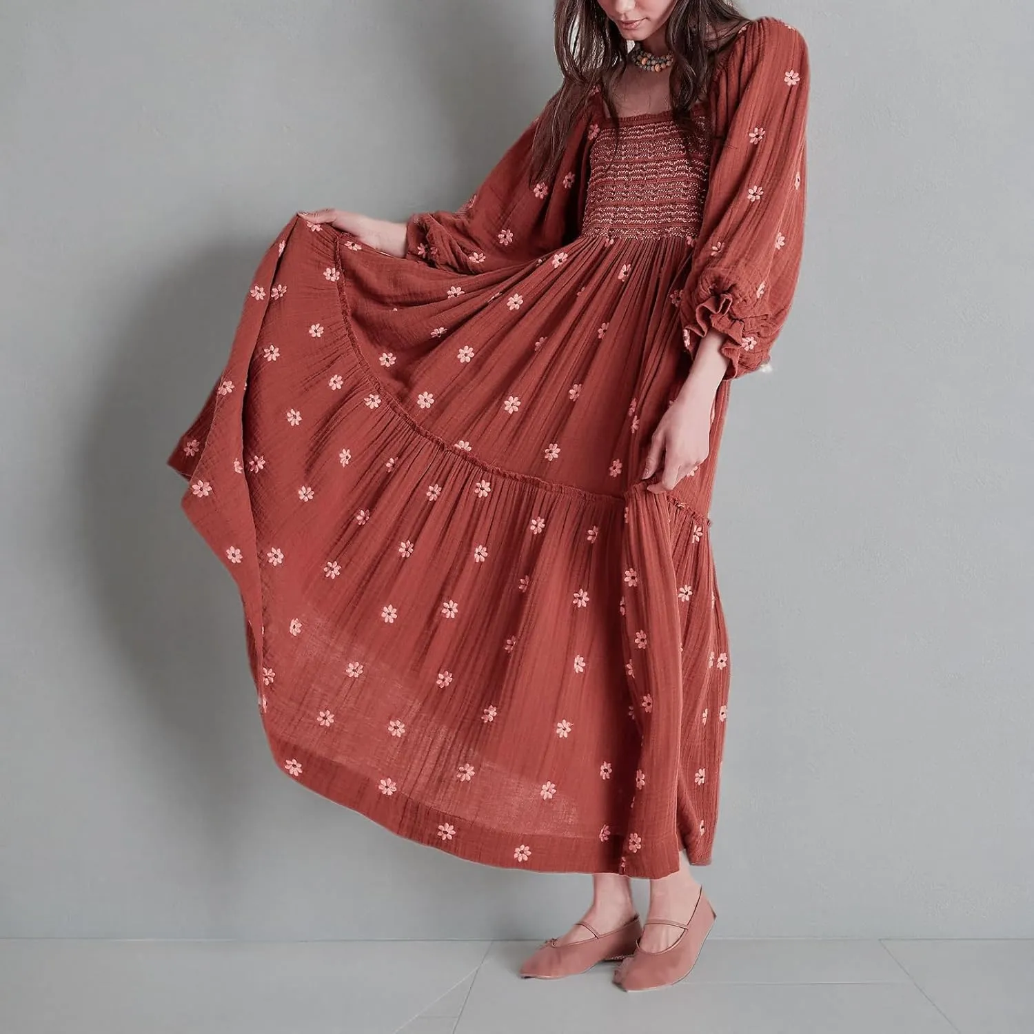 Chloefairy Women's Flower Embroidered Maxi Dress Lantern Sleeve Square Neck Tiered Flowy Spring Fall Dress