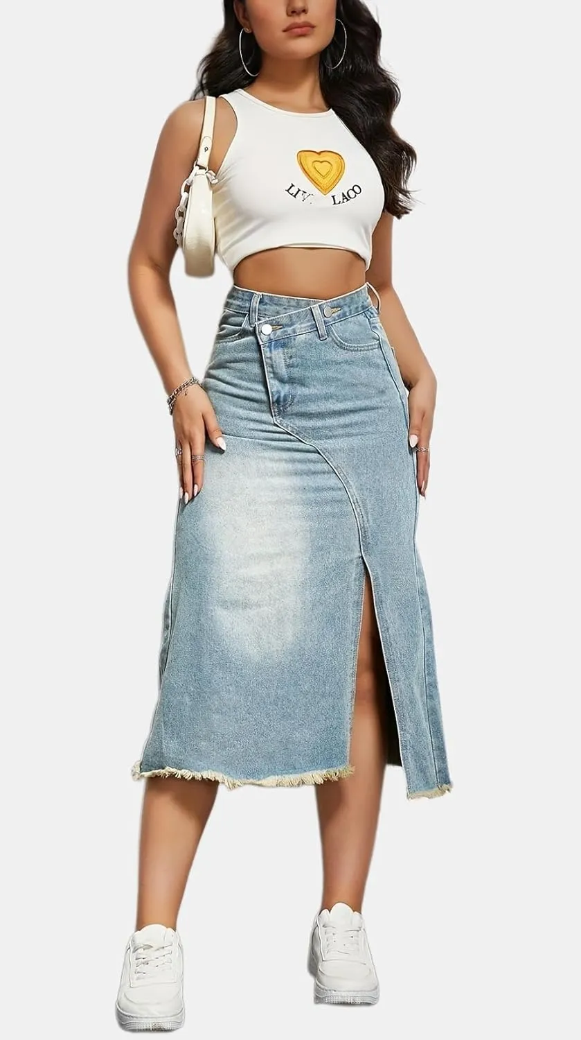 chouyatou Women's Spring Summer High Waist Frayed Denim Skirt A-Line Midi Long Jean Skirt with Split