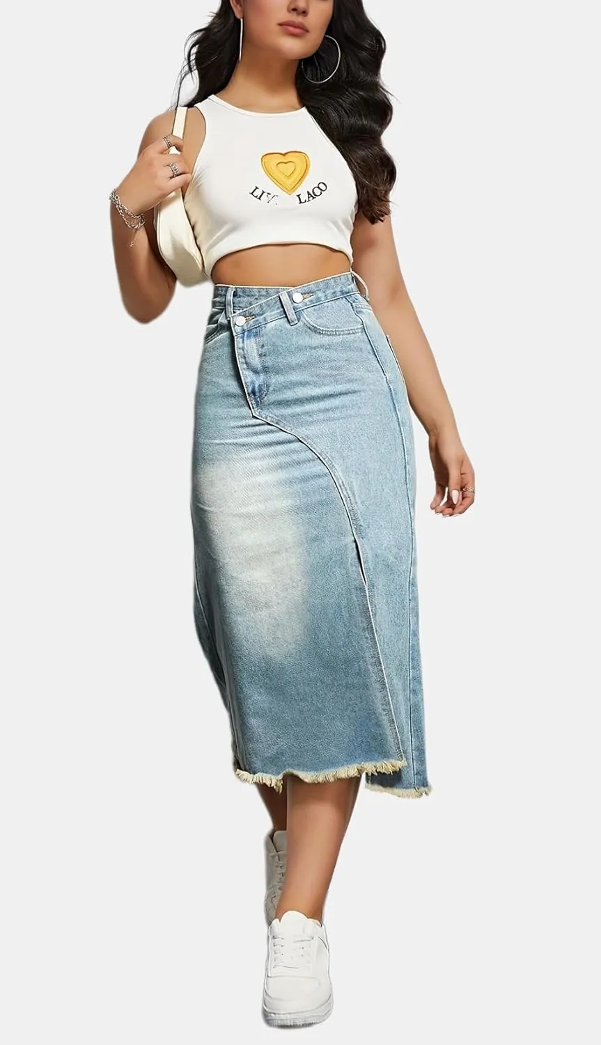 chouyatou Women's Spring Summer High Waist Frayed Denim Skirt A-Line Midi Long Jean Skirt with Split