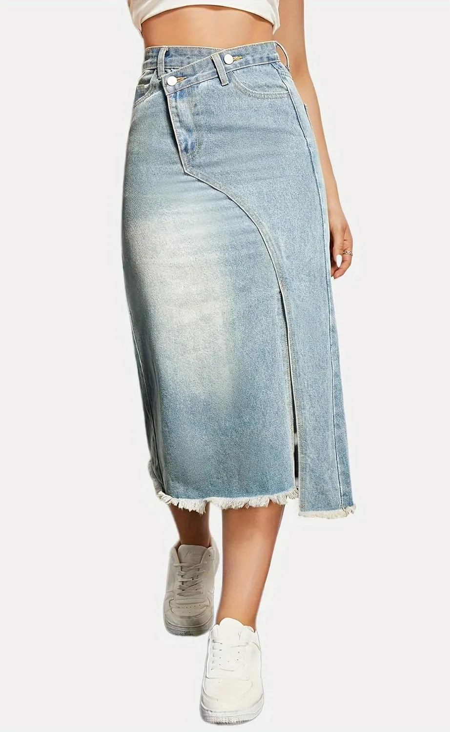 chouyatou Women's Spring Summer High Waist Frayed Denim Skirt A-Line Midi Long Jean Skirt with Split