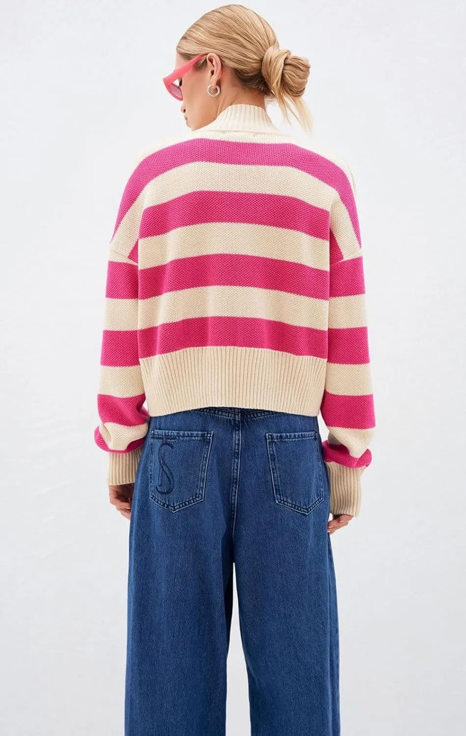 chouyatou Women's V-Neck Button Down Striped Cardigan Sweater Fall Cute Knit Crop Cardigan Top