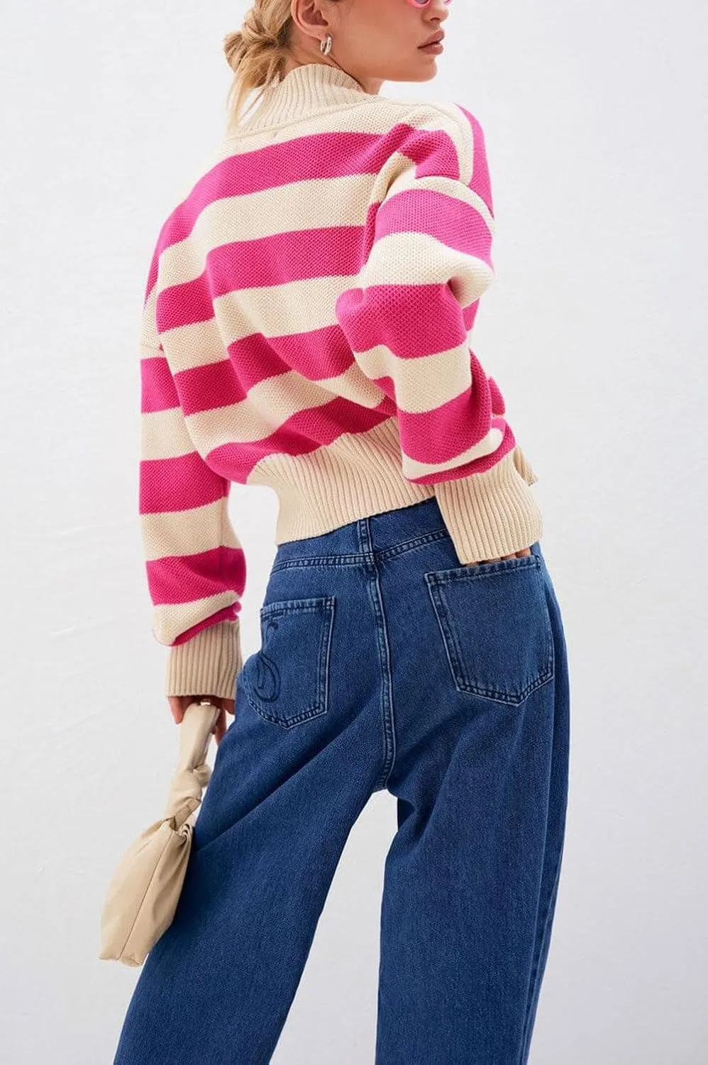 chouyatou Women's V-Neck Button Down Striped Cardigan Sweater Fall Cute Knit Crop Cardigan Top
