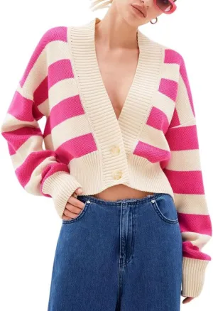chouyatou Women's V-Neck Button Down Striped Cardigan Sweater Fall Cute Knit Crop Cardigan Top