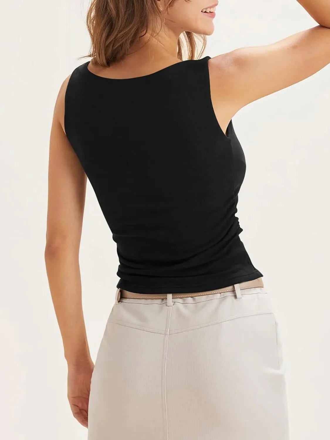 Cicy Bell Womens Boat Neck Tank Tops Summer Tight Ruched Sleeveless Shirts
