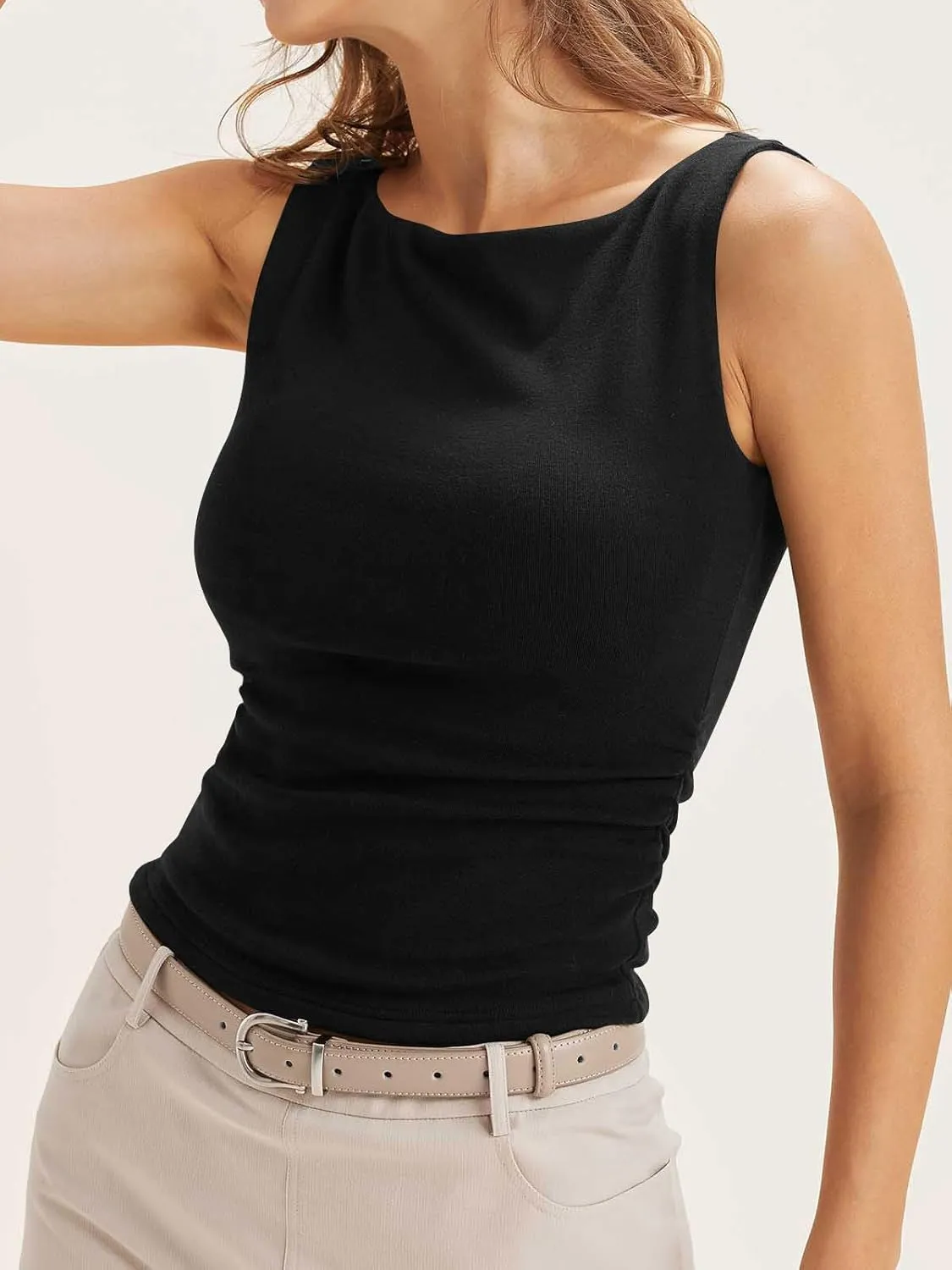 Cicy Bell Womens Boat Neck Tank Tops Summer Tight Ruched Sleeveless Shirts