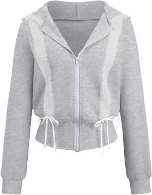 Cioatin Women Cute Lace Patchwork Bow Zip Up Crop Hoodie Y2K Coquette Fleece Casual Hooded Sweatshirt Jacket Pullover