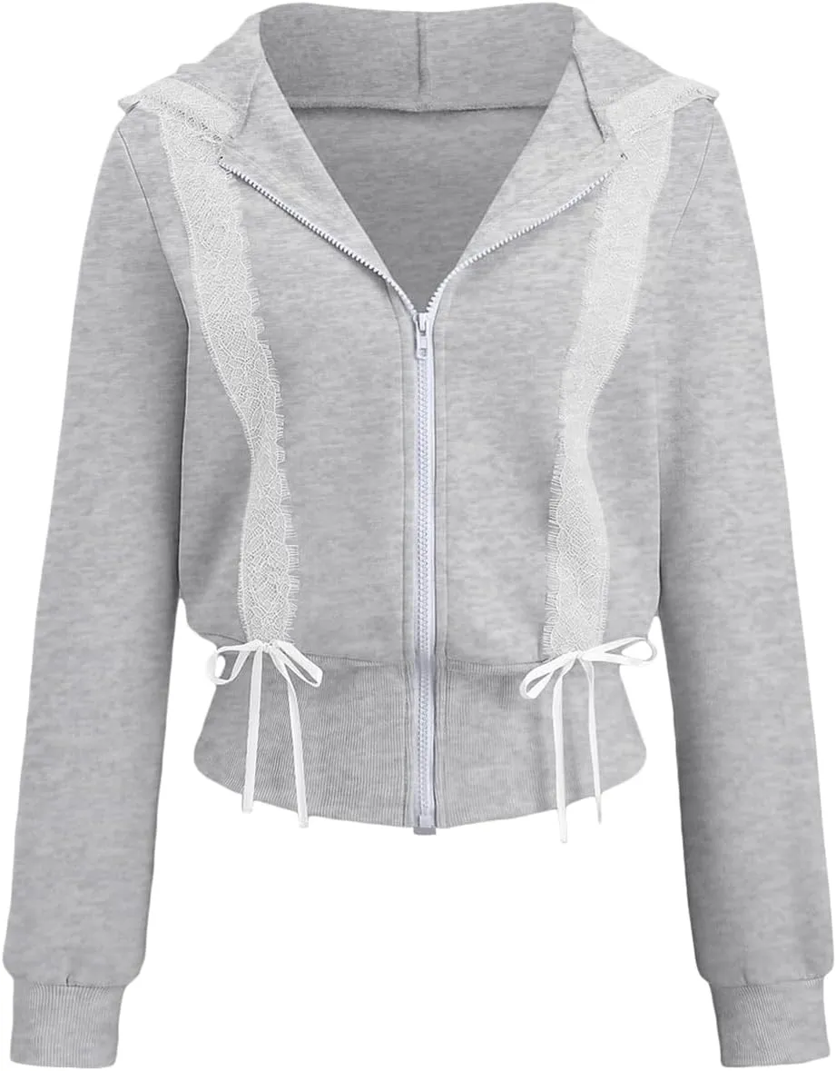 Cioatin Women Cute Lace Patchwork Bow Zip Up Crop Hoodie Y2K Coquette Fleece Casual Hooded Sweatshirt Jacket Pullover