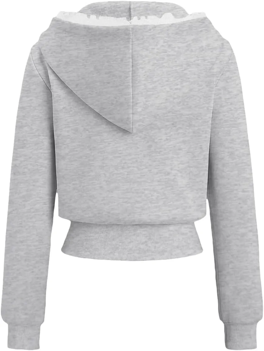 Cioatin Women Cute Lace Patchwork Bow Zip Up Crop Hoodie Y2K Coquette Fleece Casual Hooded Sweatshirt Jacket Pullover