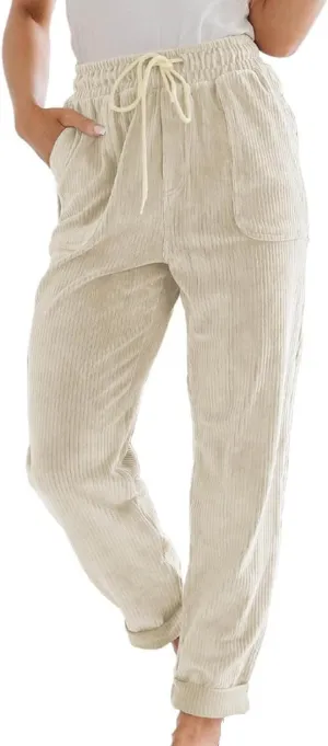 Corduroy Pants for Women High Waisted Casual Vintage Drawstring Pants Loose Comfy Straight Leg Trousers with Pockets