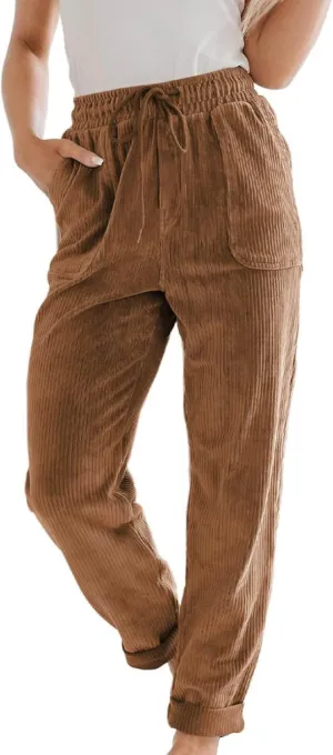 Corduroy Pants for Women High Waisted Casual Vintage Drawstring Pants Loose Comfy Straight Leg Trousers with Pockets