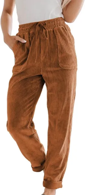 Corduroy Pants for Women High Waisted Casual Vintage Drawstring Pants Loose Comfy Straight Leg Trousers with Pockets