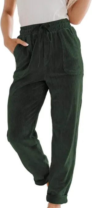 Corduroy Pants for Women High Waisted Casual Vintage Drawstring Pants Loose Comfy Straight Leg Trousers with Pockets