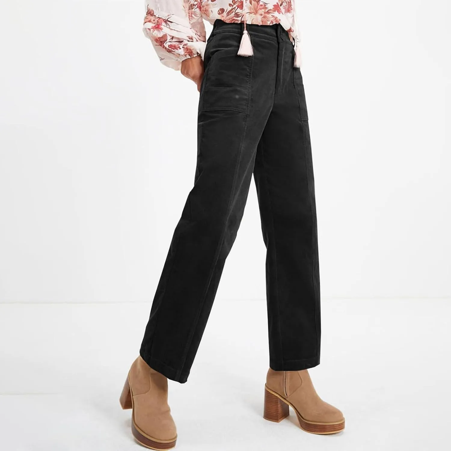 Corduroy Pants Women Elastic High Waisted Straight Leg Work Pants Business Casual Loose Trousers Pants with Pockets