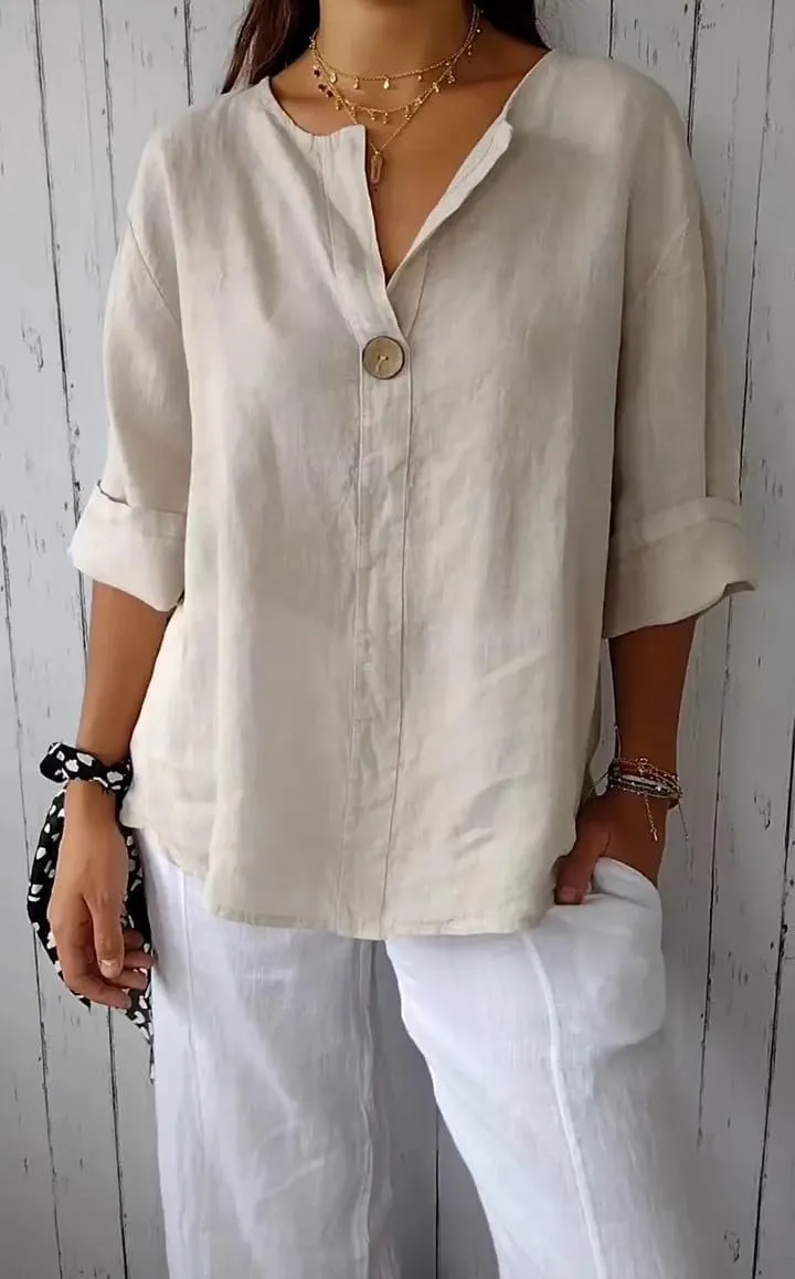 Cotton Linen Shirts for Women Summer Casual Button V Neck Blouse Comfy Loose Women's Fashion 3/4 Sleeve Pullover Tops