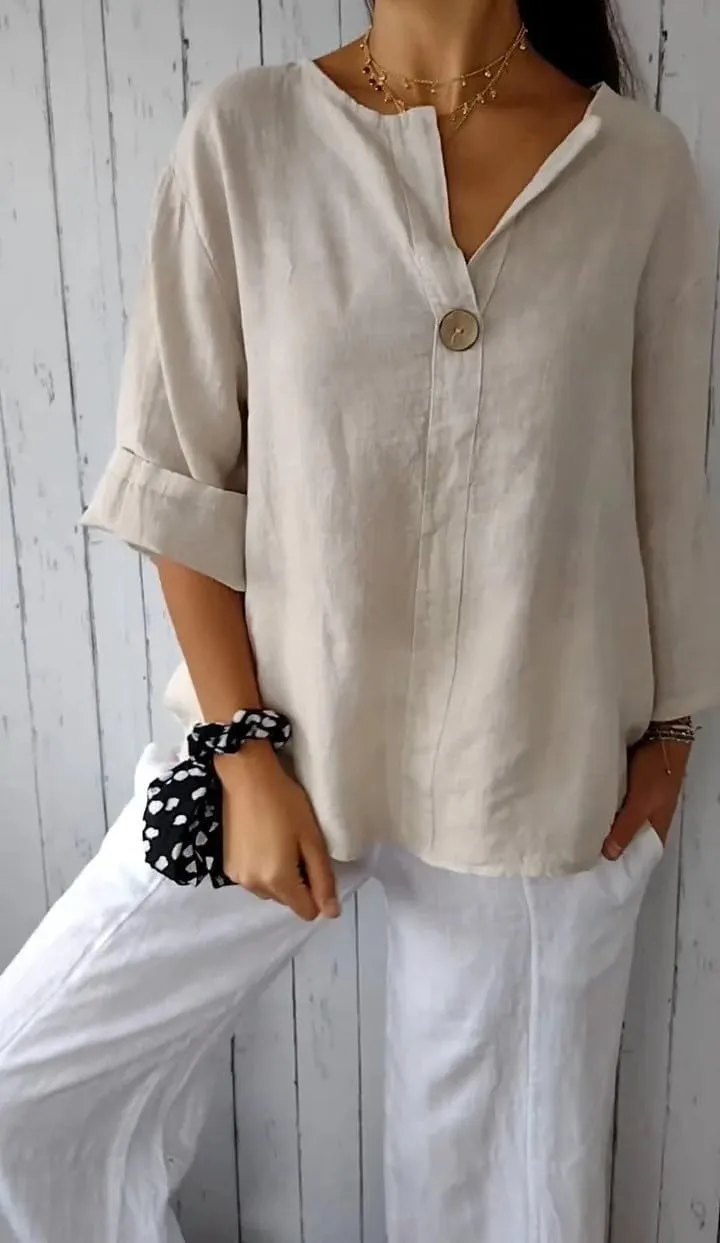 Cotton Linen Shirts for Women Summer Casual Button V Neck Blouse Comfy Loose Women's Fashion 3/4 Sleeve Pullover Tops