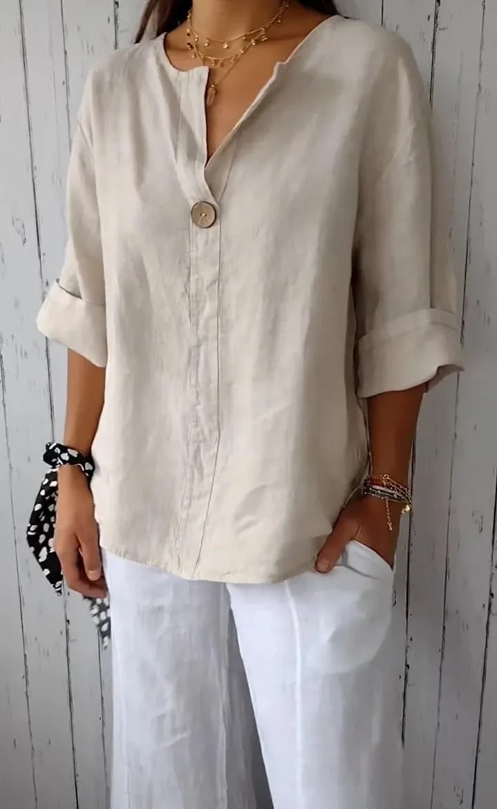 Cotton Linen Shirts for Women Summer Casual Button V Neck Blouse Comfy Loose Women's Fashion 3/4 Sleeve Pullover Tops