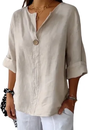 Cotton Linen Shirts for Women Summer Casual Button V Neck Blouse Comfy Loose Women's Fashion 3/4 Sleeve Pullover Tops