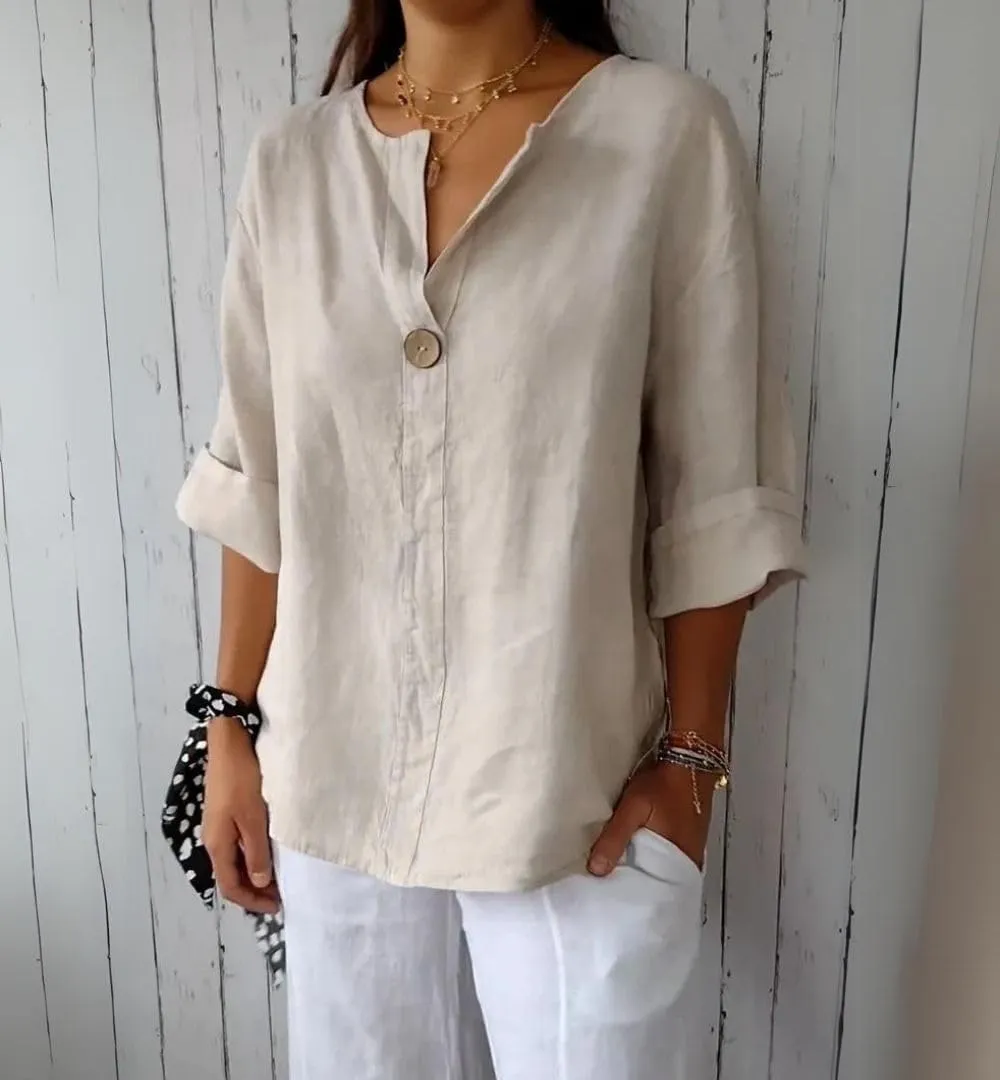 Cotton Linen Shirts for Women Summer Casual Button V Neck Blouse Comfy Loose Women's Fashion 3/4 Sleeve Pullover Tops