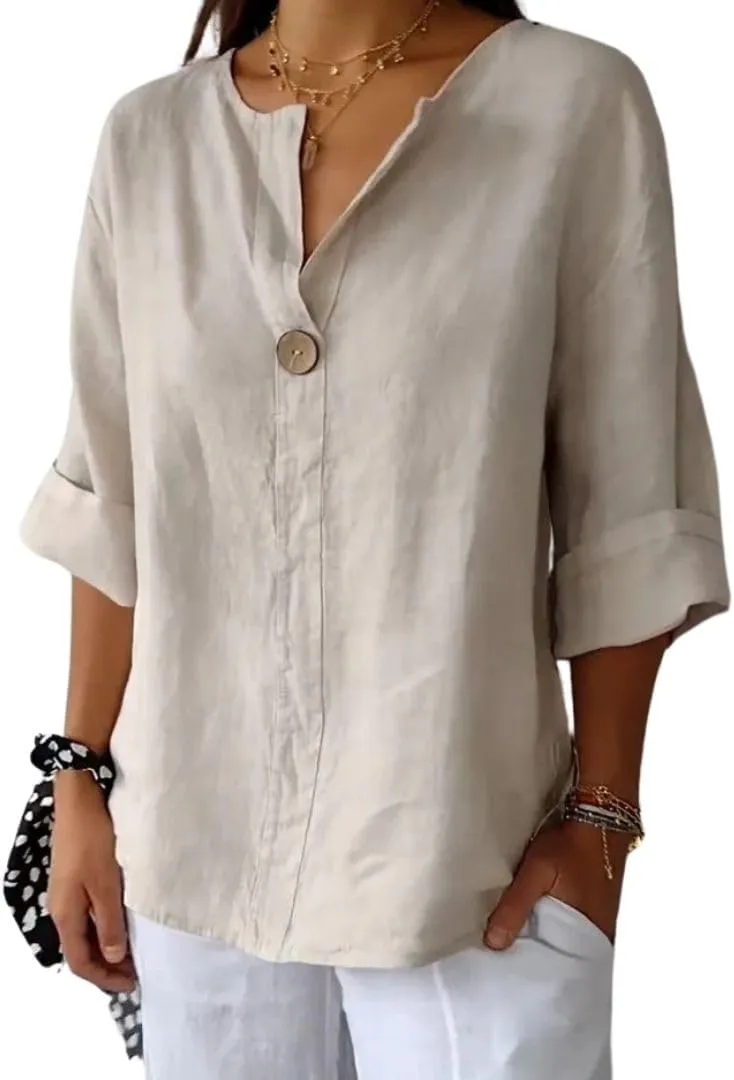 Cotton Linen Shirts for Women Summer Casual Button V Neck Blouse Comfy Loose Women's Fashion 3/4 Sleeve Pullover Tops