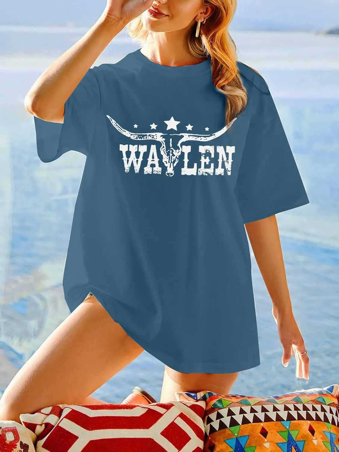 Cow Skull Women Oversized Shirts Country Music Tshirt Western T Shirt Vintage Music Lover Gift Rodeo Cowboy Graphic Tee