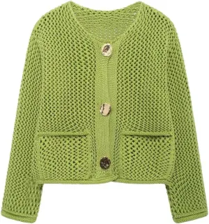 Cropped Cardigan Sweaters for Women Gold Button Down Cardigans Chunky Knit Jacket Open Front Outwear Coats