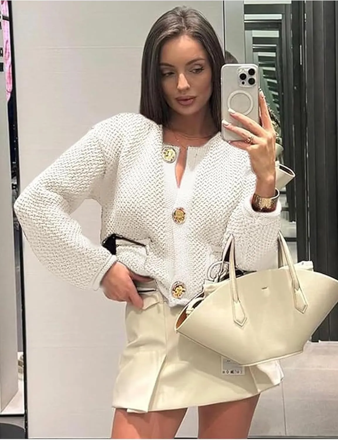 Cropped Cardigan Sweaters for Women Gold Button Down Cardigans Chunky Knit Jacket Open Front Outwear Coats