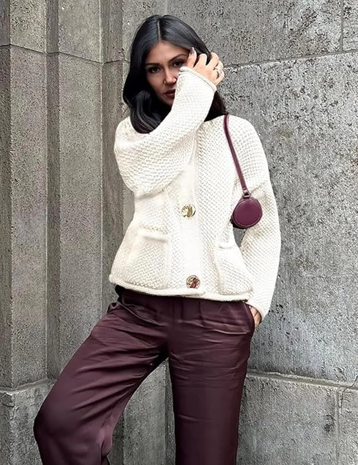 Cropped Cardigan Sweaters for Women Gold Button Down Cardigans Chunky Knit Jacket Open Front Outwear Coats