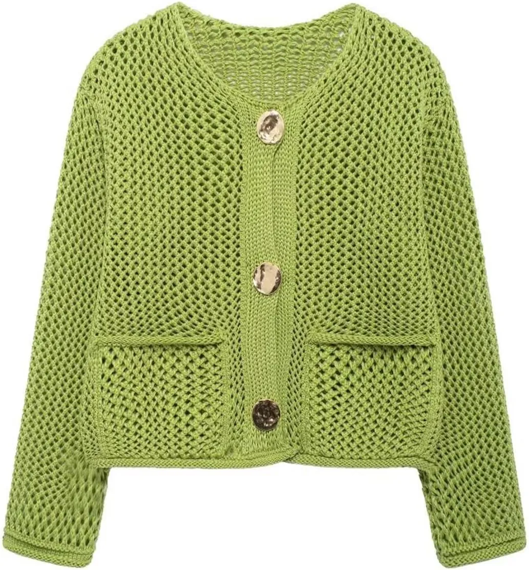 Cropped Cardigan Sweaters for Women Gold Button Down Cardigans Chunky Knit Jacket Open Front Outwear Coats
