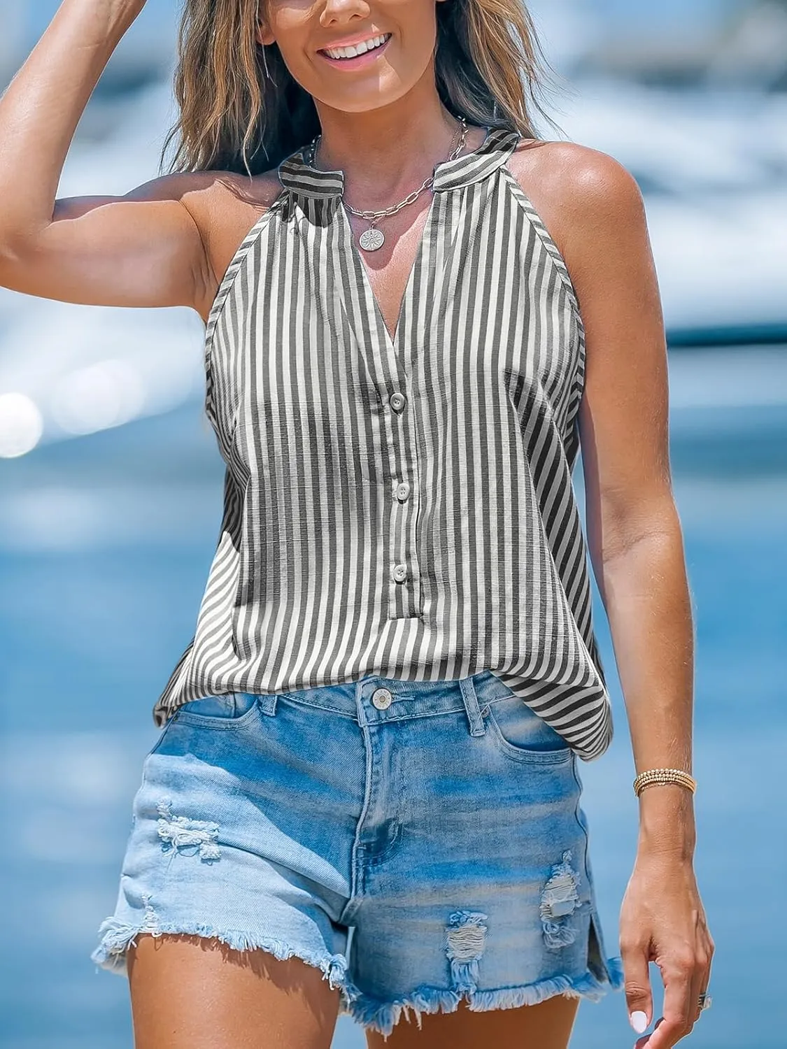 CUPSHE Women Tops Sleeveless Striped V Neck Tank Top Button Front Tee Shirt Casual