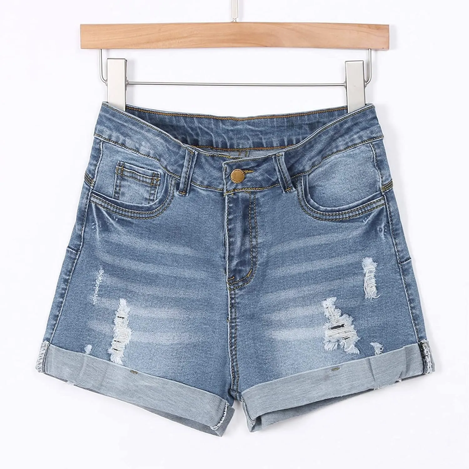 Denim Shorts Women Mid Rise Ripped Jean Shorts Stretchy Folded Hem Hot Short Jeans