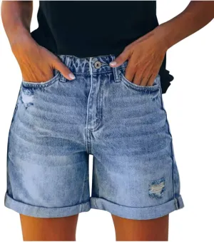 Denim Shorts Women Mid Rise Ripped Jean Shorts Stretchy Folded Hem Hot Short Jeans