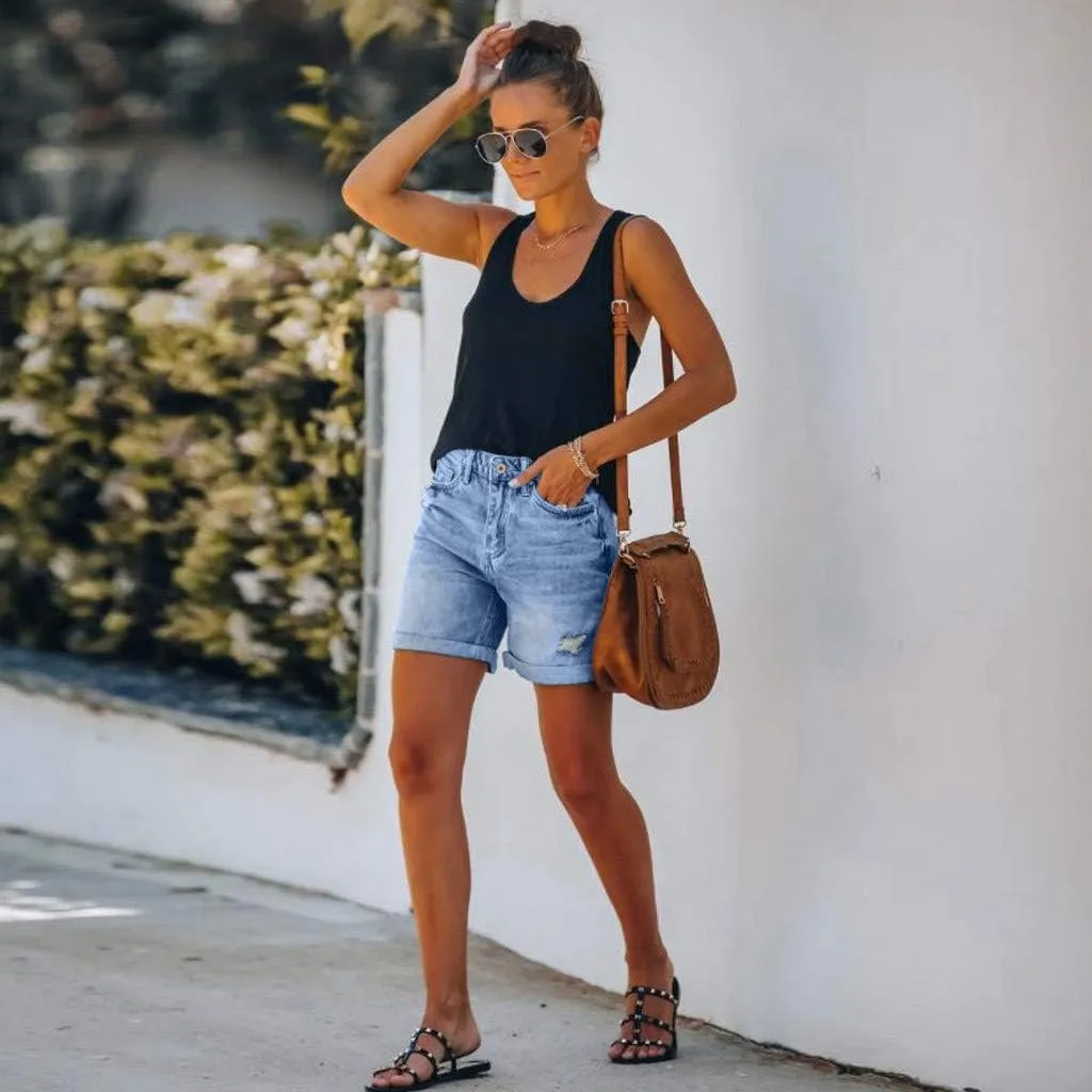 Denim Shorts Women Mid Rise Ripped Jean Shorts Stretchy Folded Hem Hot Short Jeans