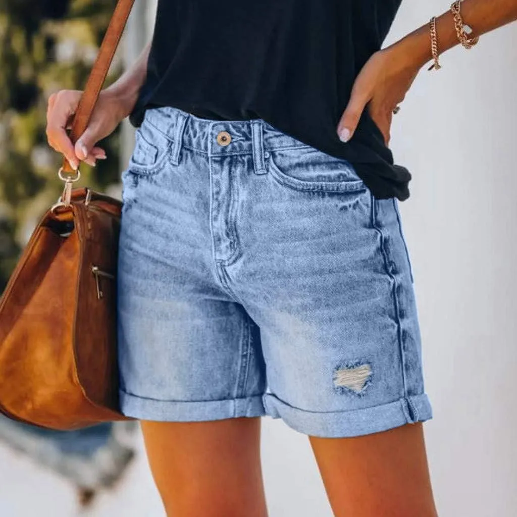 Denim Shorts Women Mid Rise Ripped Jean Shorts Stretchy Folded Hem Hot Short Jeans