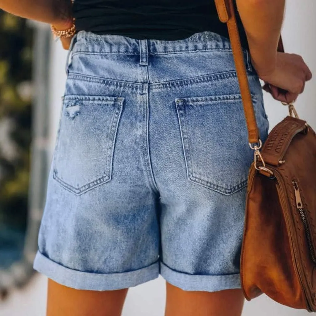 Denim Shorts Women Mid Rise Ripped Jean Shorts Stretchy Folded Hem Hot Short Jeans