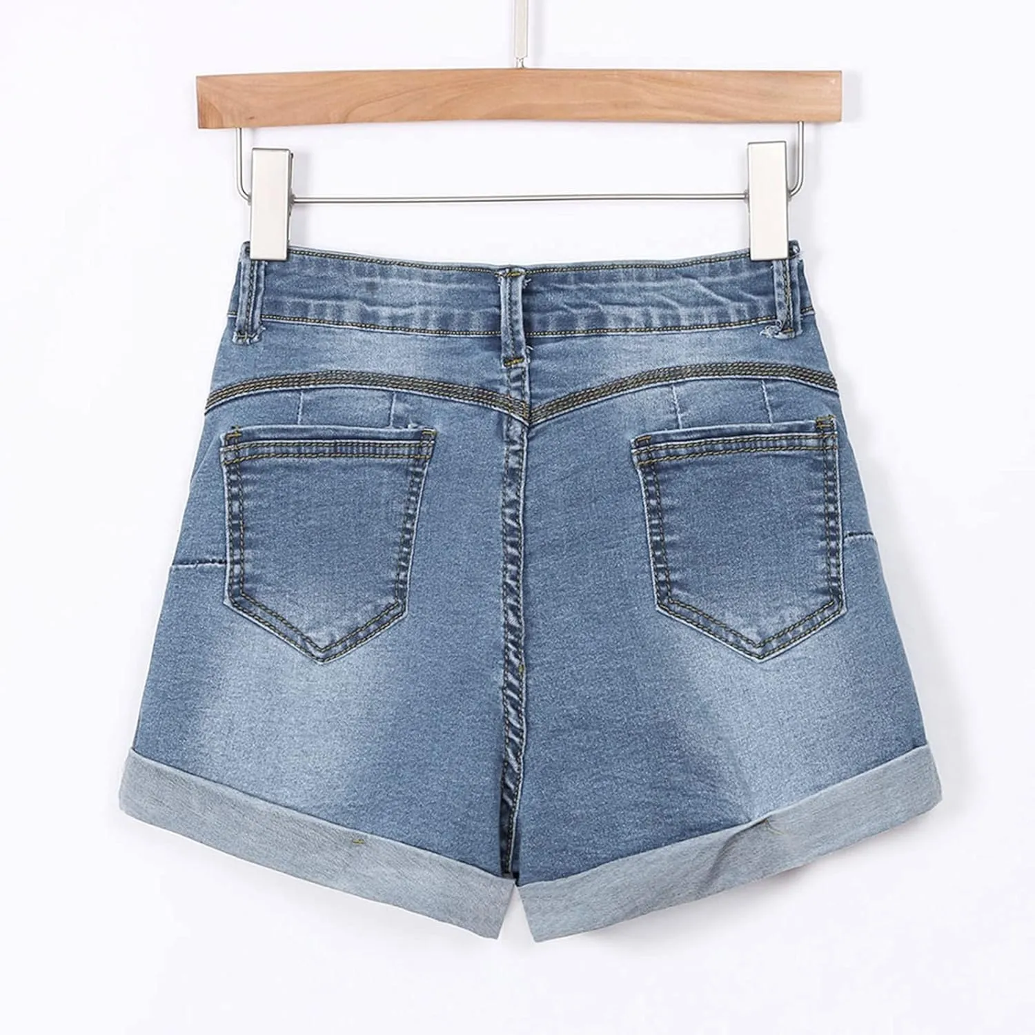 Denim Shorts Women Mid Rise Ripped Jean Shorts Stretchy Folded Hem Hot Short Jeans