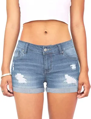 Denim Shorts Women Mid Rise Ripped Jean Shorts Stretchy Folded Hem Hot Short Jeans