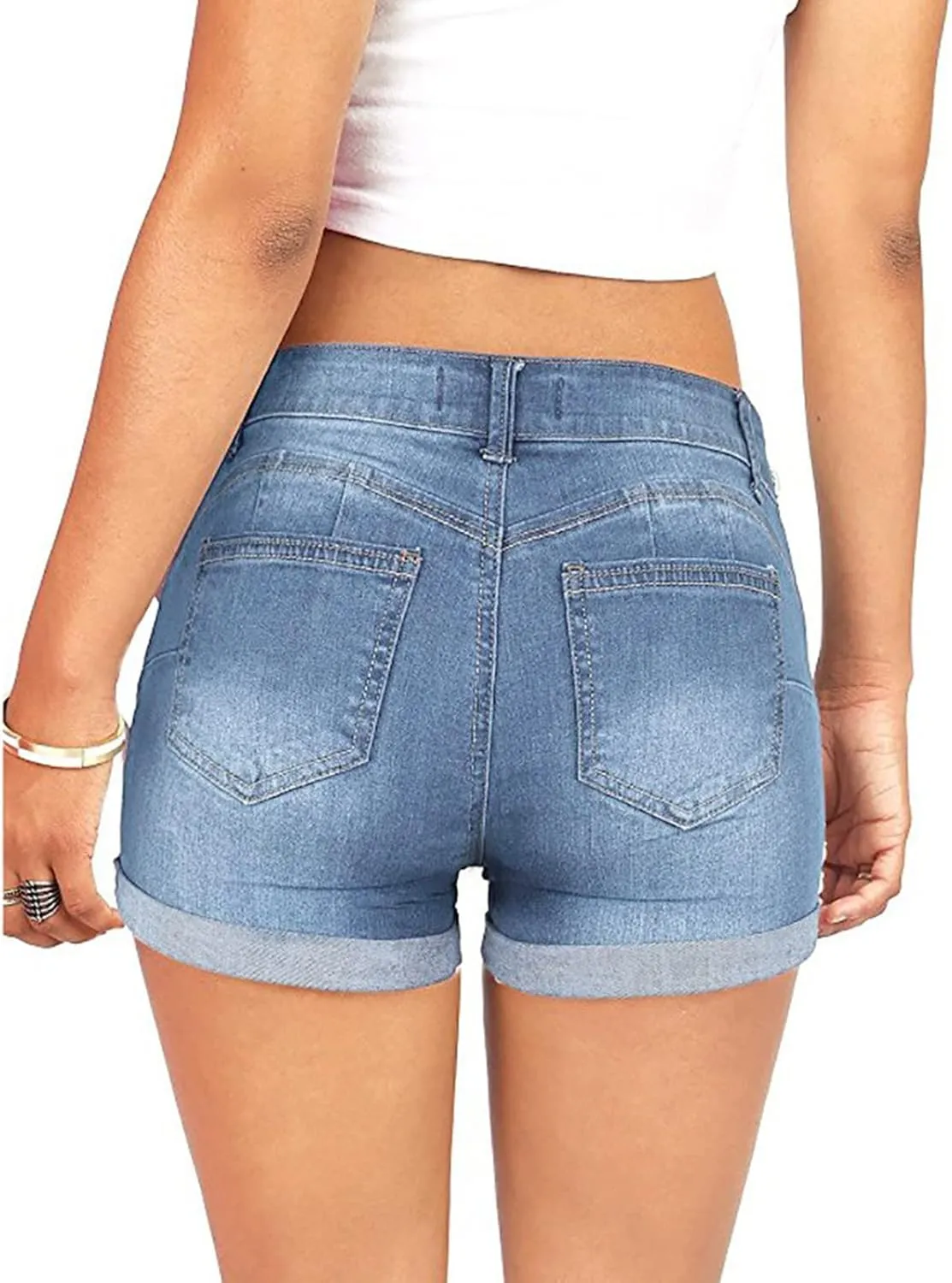Denim Shorts Women Mid Rise Ripped Jean Shorts Stretchy Folded Hem Hot Short Jeans