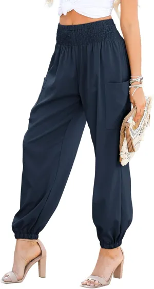 Dokotoo Womens Summer Boho Business Casual Smocked 2025 High Waisted Cargo Summer Long Elephant Pants with Pockets