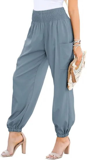 Dokotoo Womens Summer Boho Business Casual Smocked 2025 High Waisted Cargo Summer Long Elephant Pants with Pockets