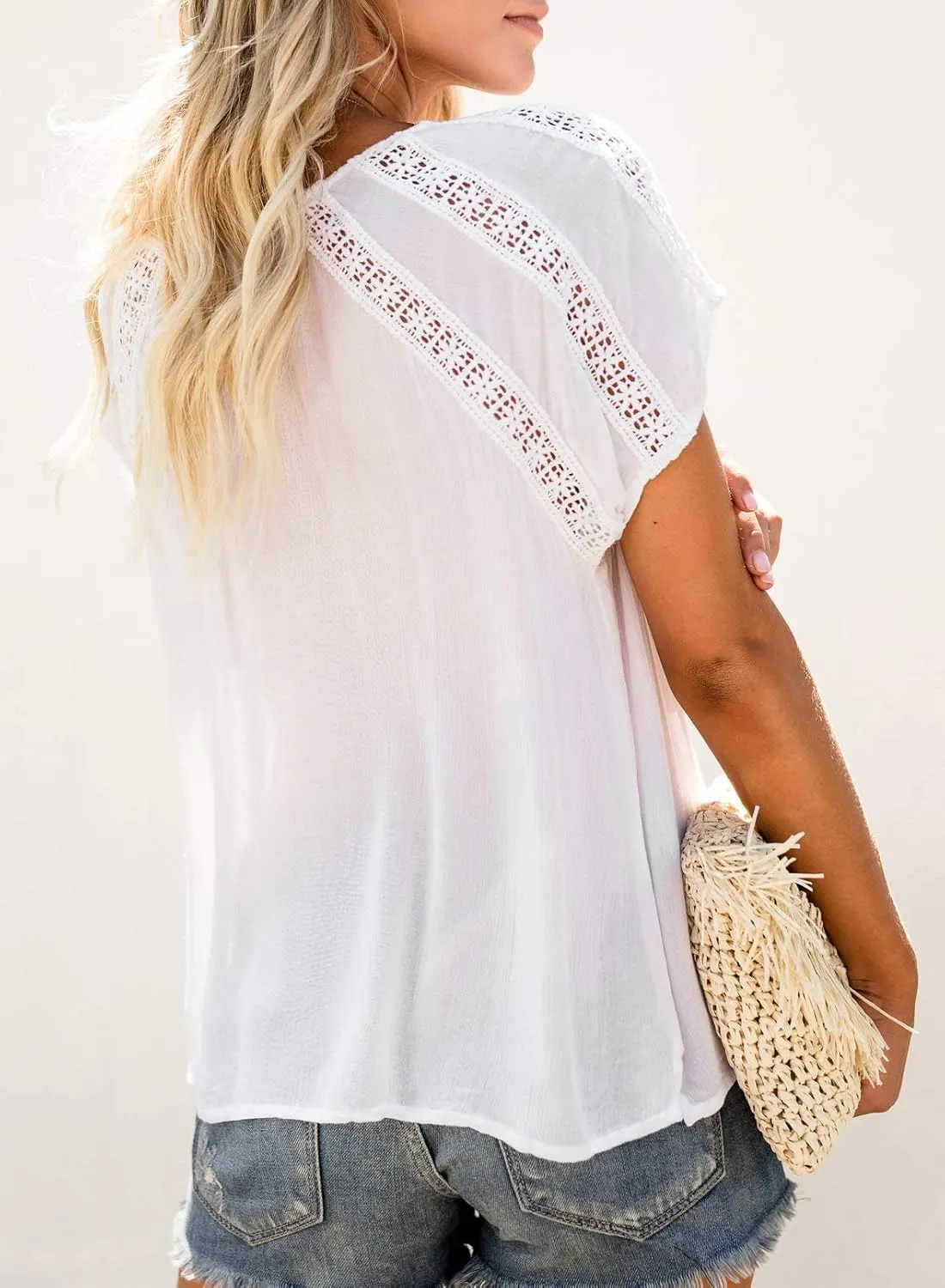 Dokotoo Women's V Neck Lace Crochet Eyelet Tops Short Sleeve Casual Shirts Blouses