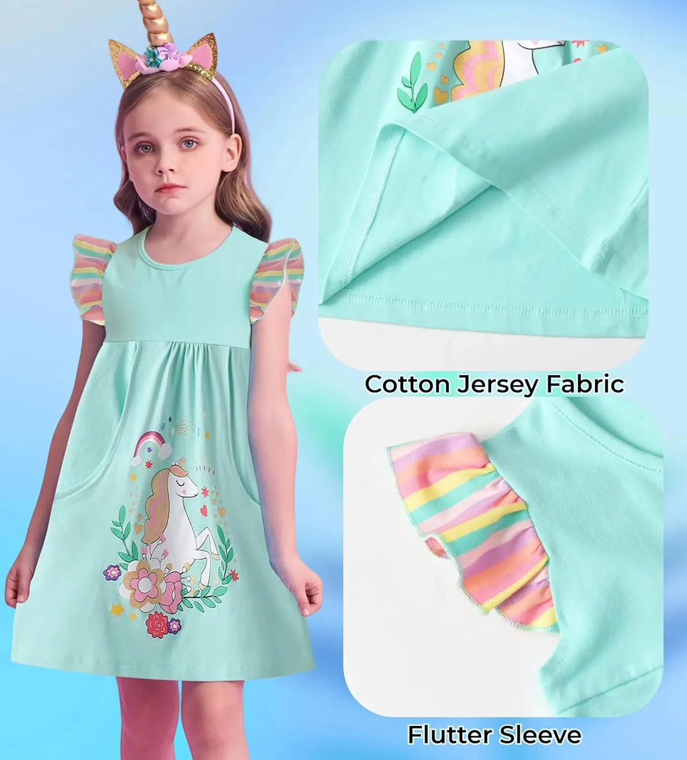 DXTON Toddler Girls Dresses Easter Rainbow Short Sleeve Cotton Casual Summer Birthday School Sundress